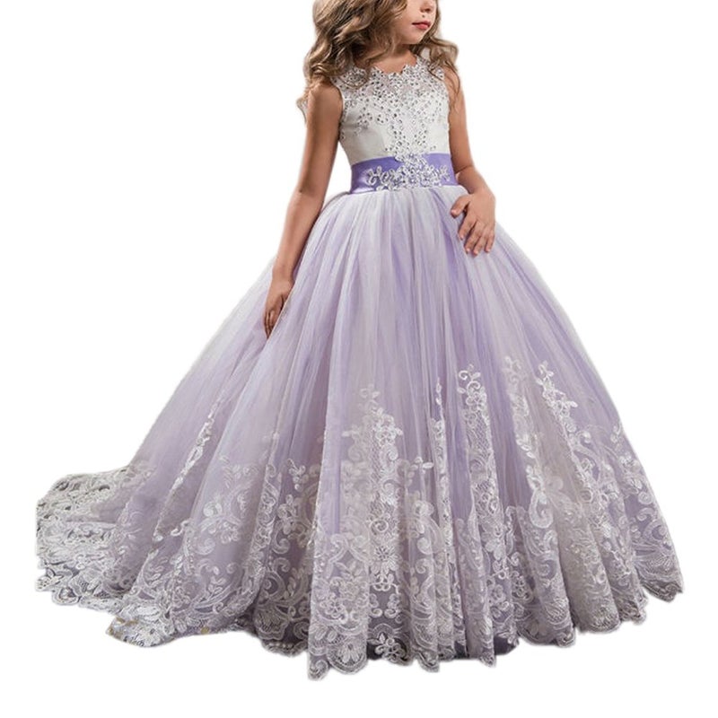 WDE Princess Lilac Long Girls Pageant Dresses Kids Prom Puffy Tulle Ball Gown, 01lilac, 4 - Image 1